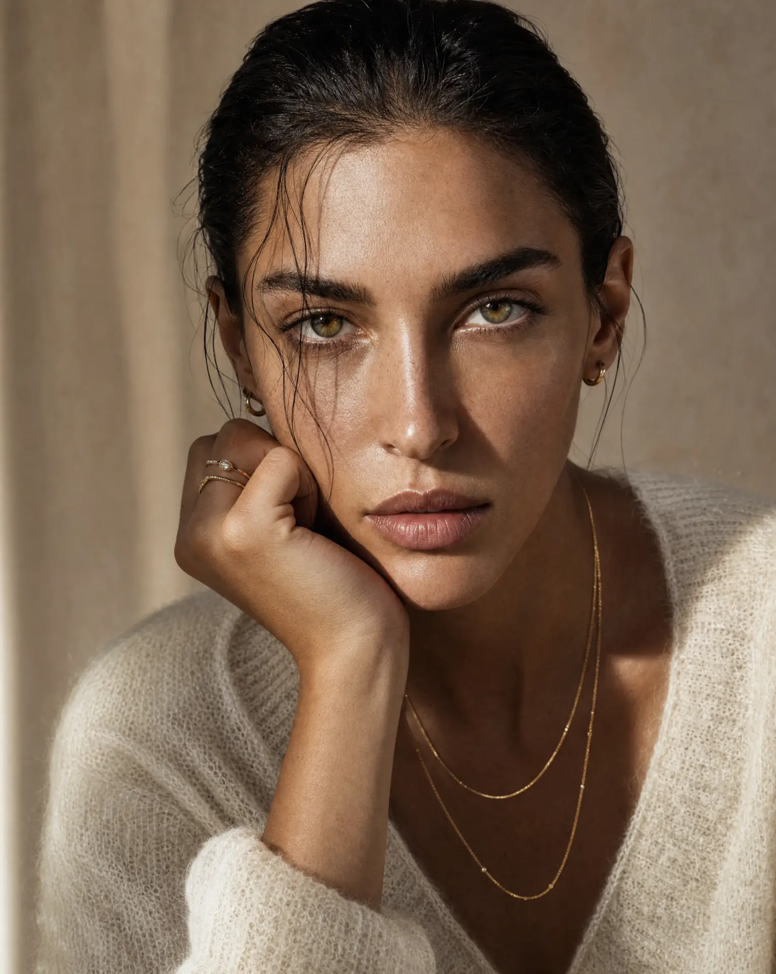 Model with fine gold chains and delicate rings, soft daylight portrait