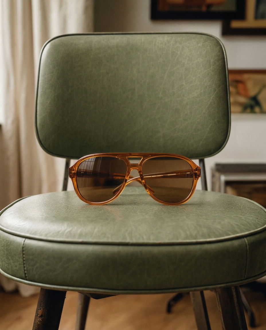 Amber aviator sunglasses on a sage vinyl chair