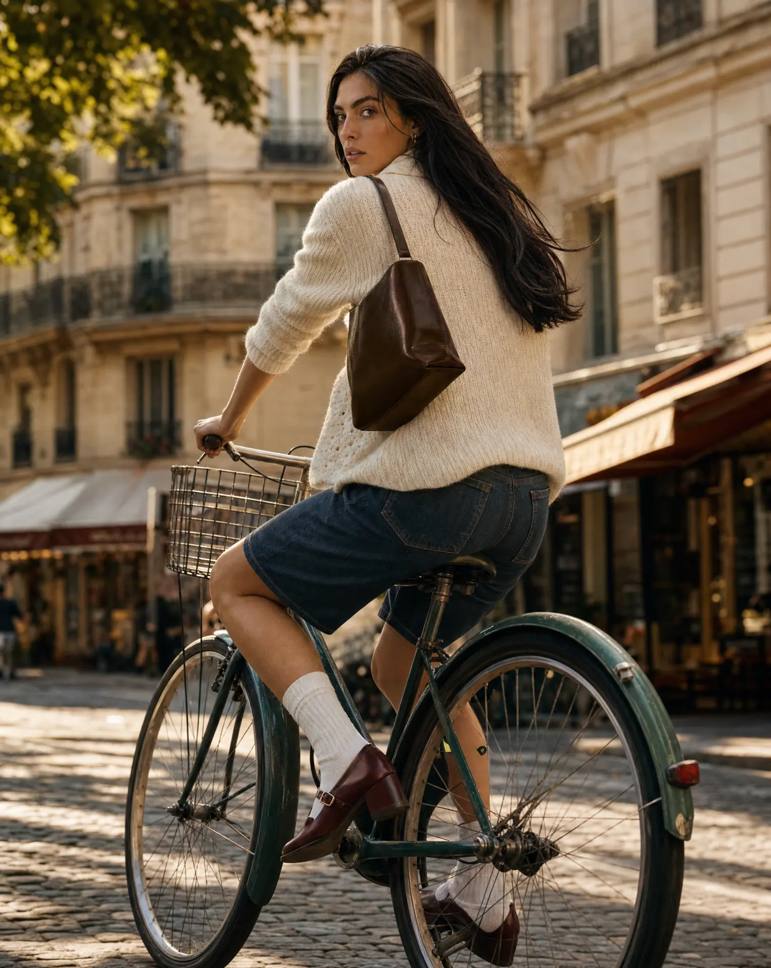 Model cycling through Paris in burgundy heeled Mary Janes, rear view