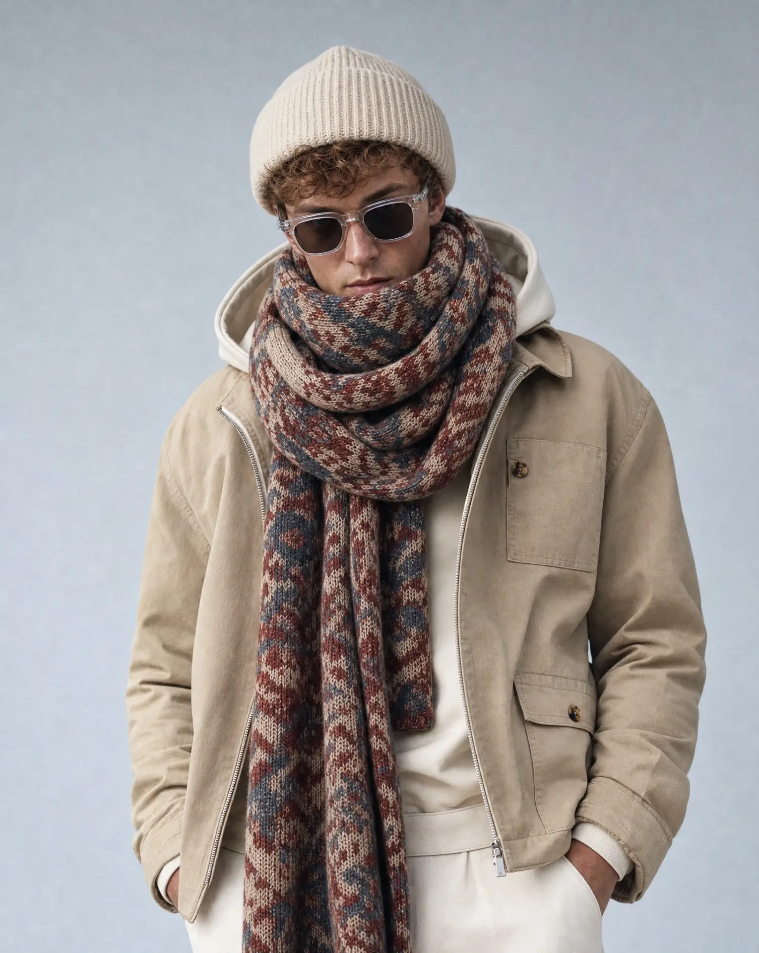 Layered beige menswear outerwear with knitted scarf