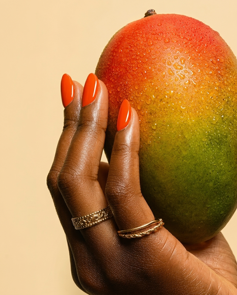 Beauty — hand with orange nails holding a mango