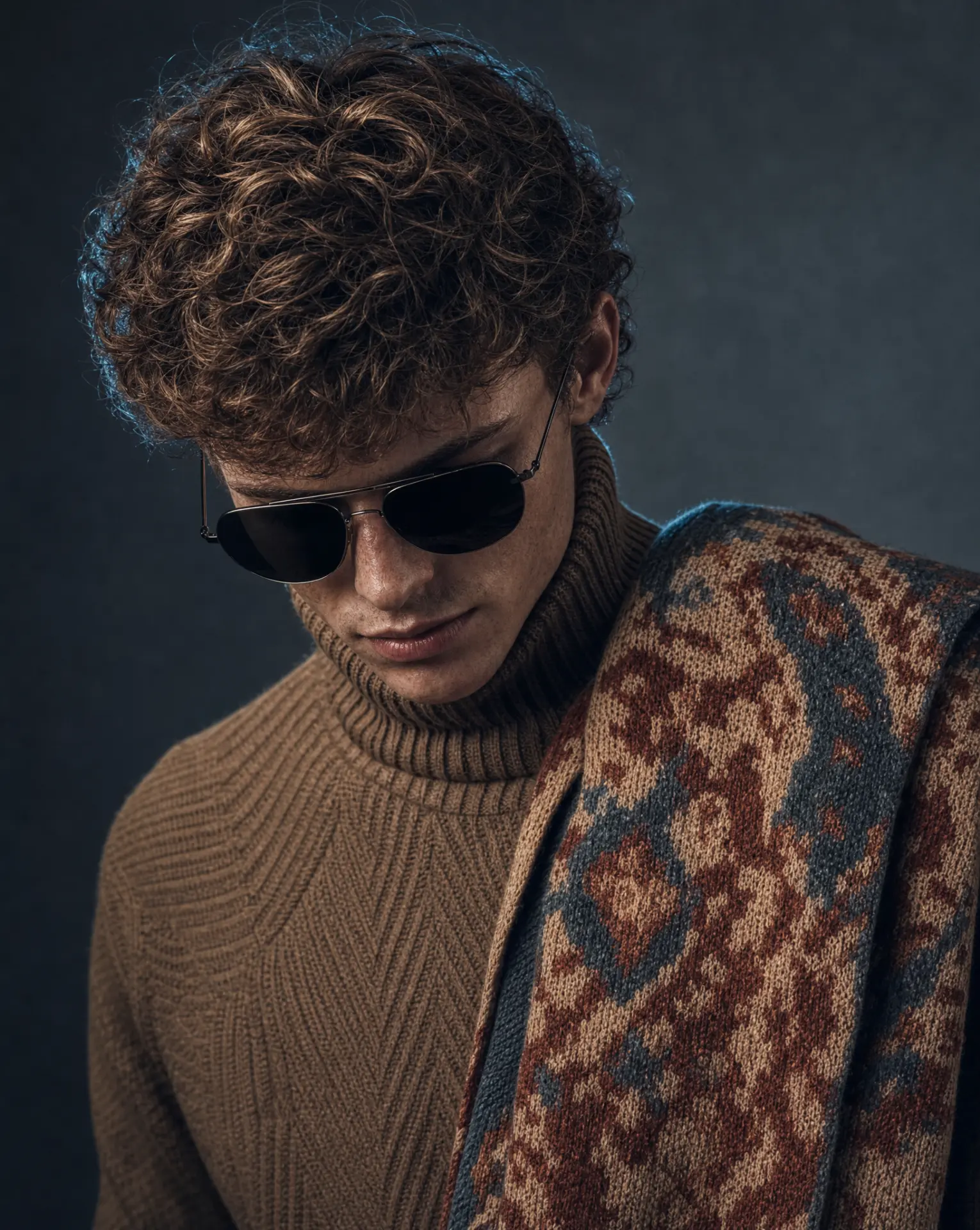 Menswear knit turtleneck and patterned cardigan, dark studio portrait