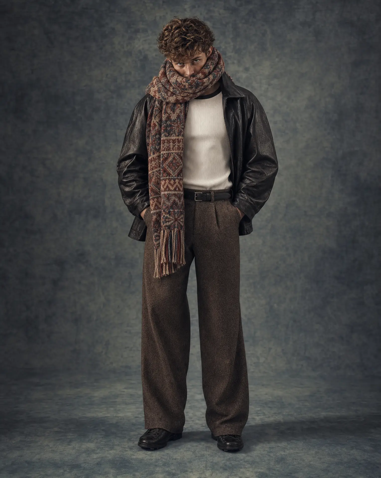 Menswear leather jacket with patterned wool scarf and herringbone trousers