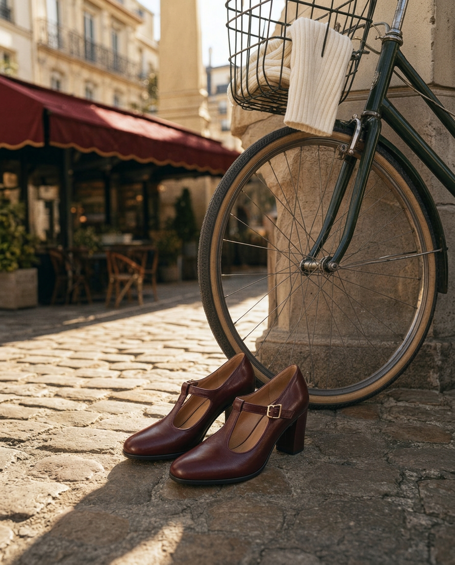 Burgundy leather Mary Jane heels styled beside a vintage bicycle, still life