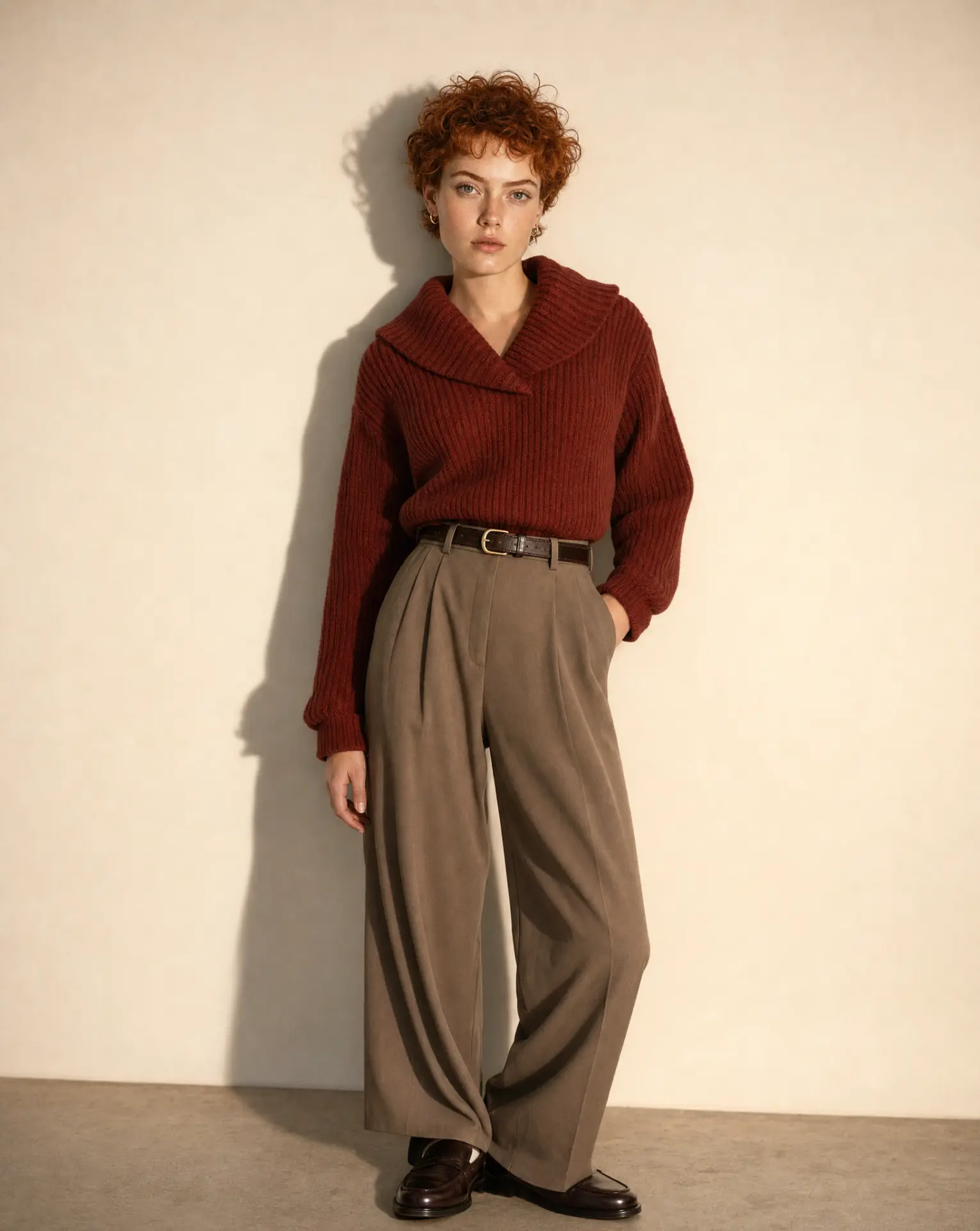 Full-length lookbook look, rust knit and wide brown trousers against a cream wall