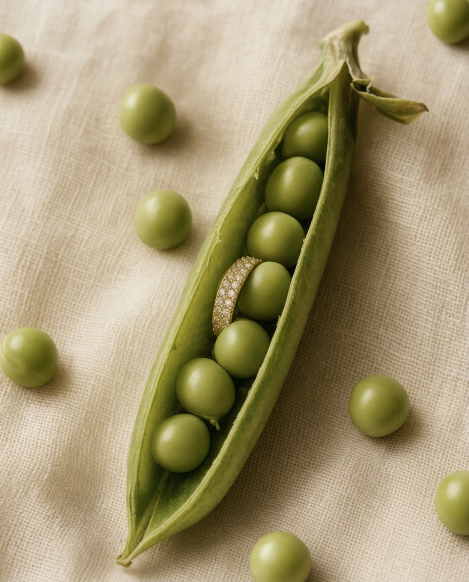 Diamond pavé gold ring nestled in a pea pod, playful jewelry still life