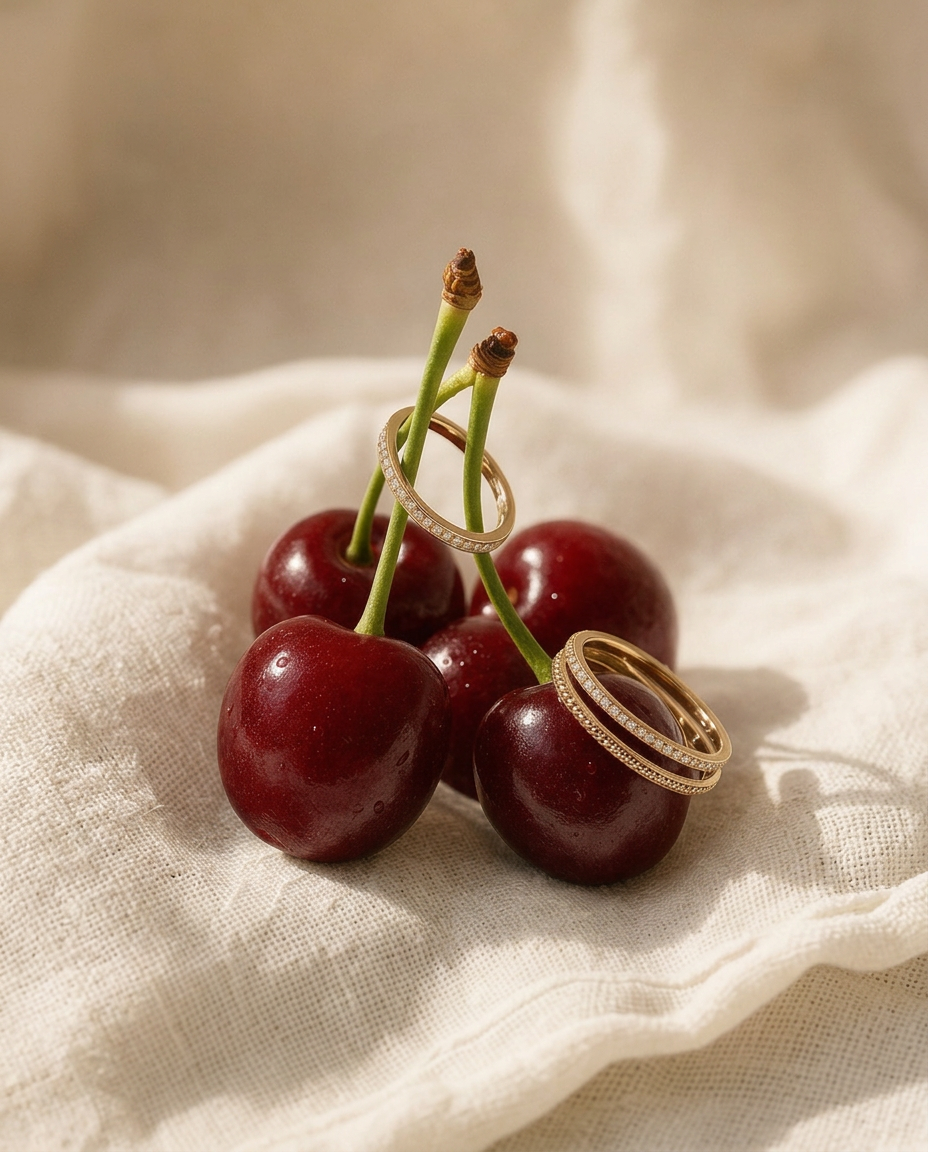 Pavé gold rings styled with cherries on linen, jewelry still life