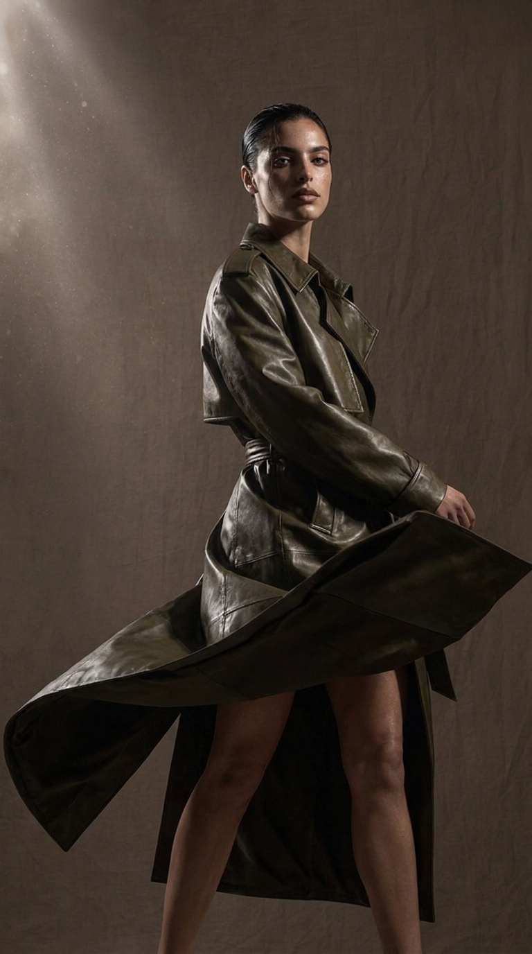 Olive leather trench coat in motion, studio editorial