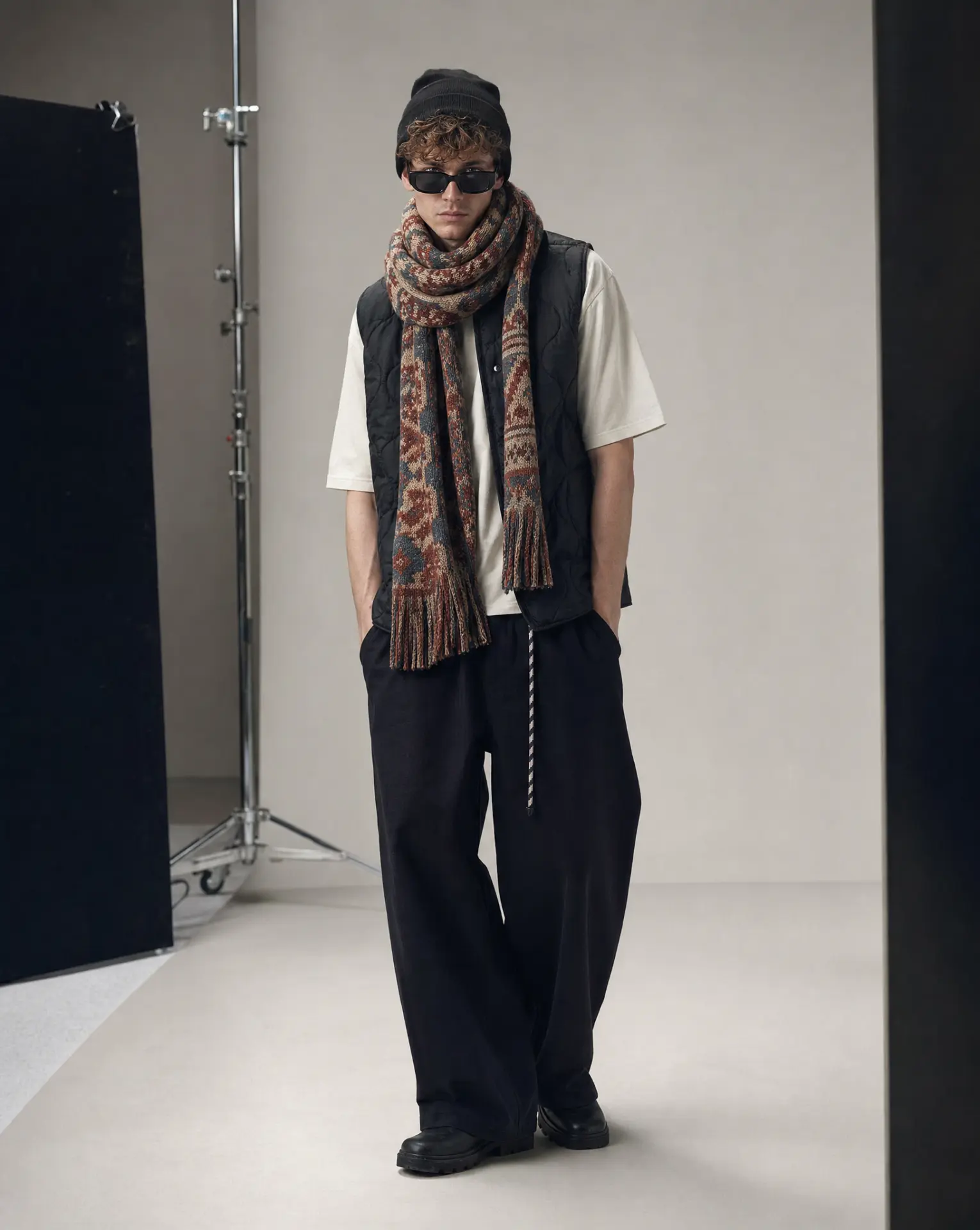 Full-length menswear look on studio set