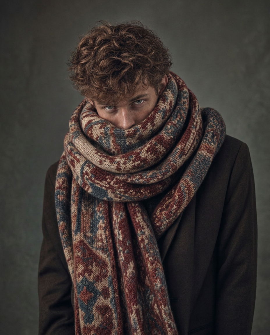 Menswear portrait with patterned wool scarf, studio editorial
