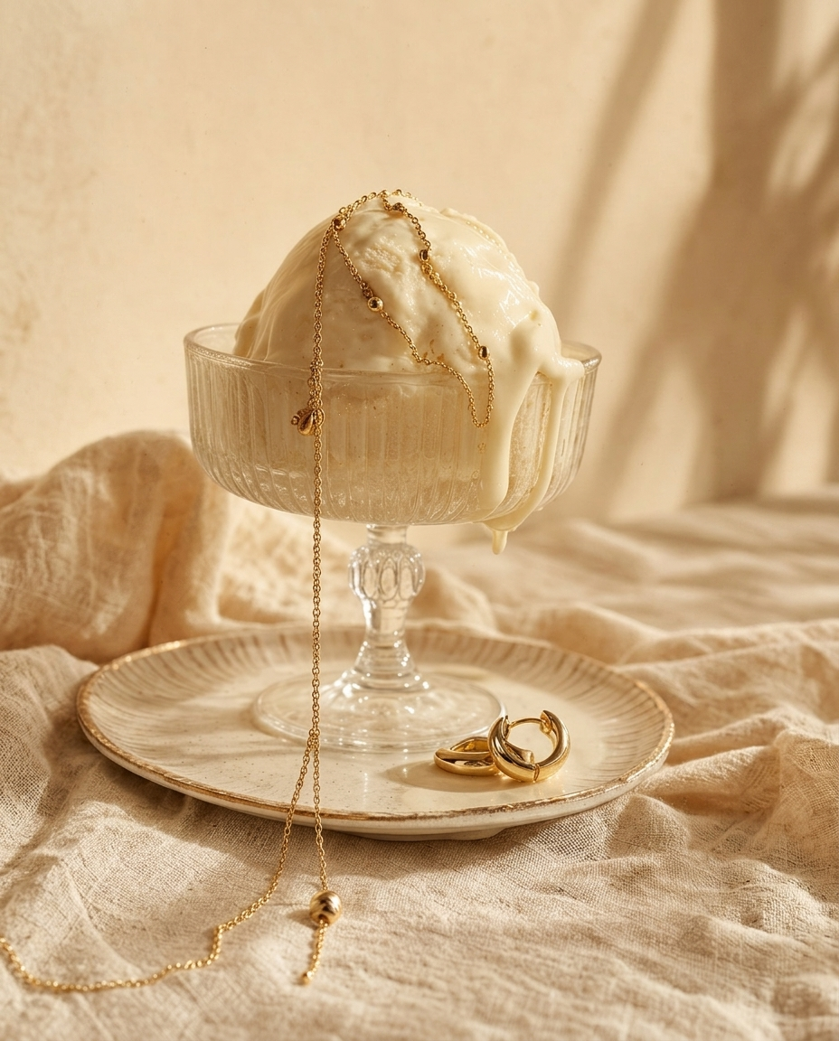Gold chain and hoop earrings styled with ice cream, jewelry still life