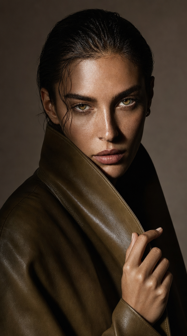Close-up portrait in olive leather coat, editorial visual