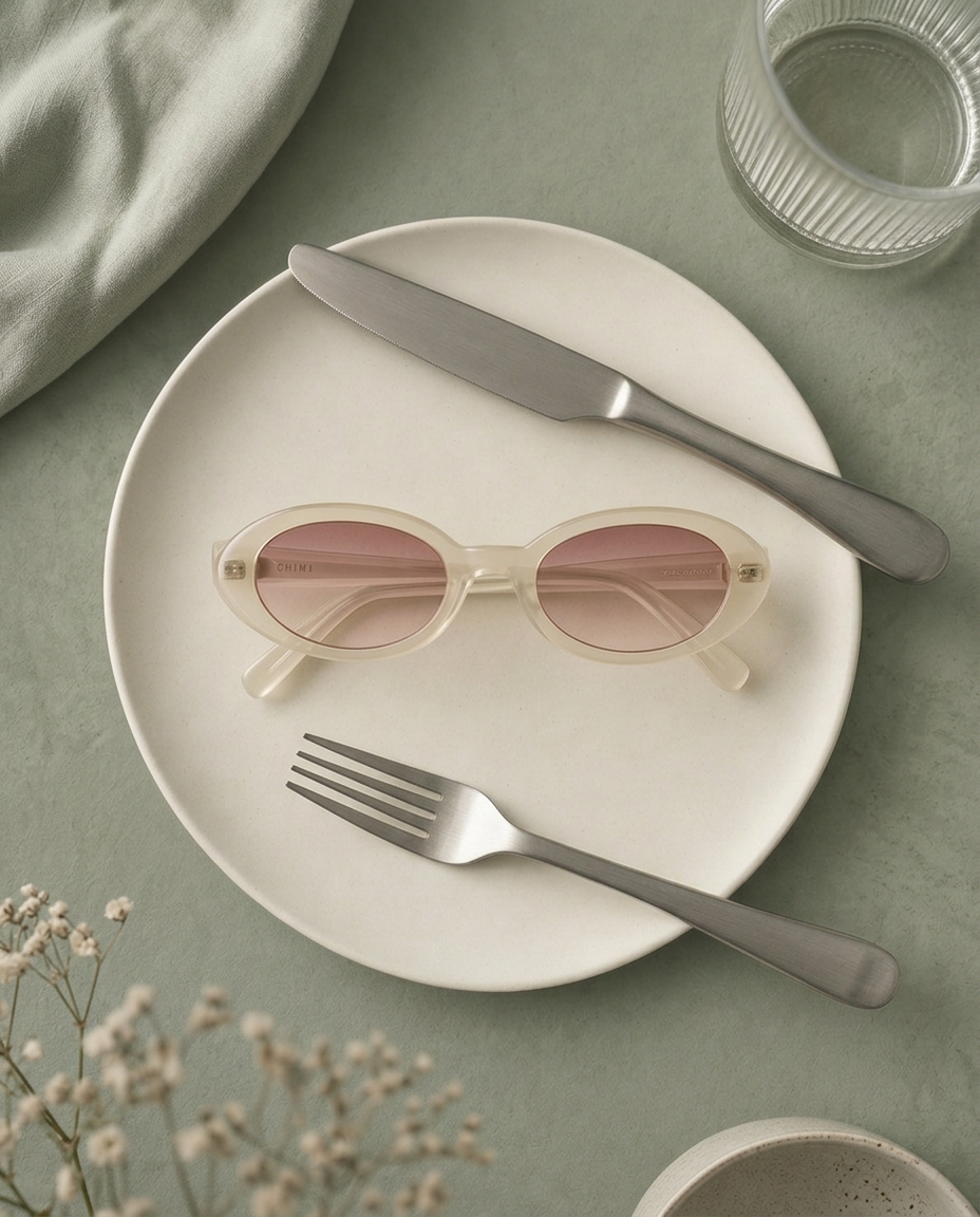 Cream acetate sunglasses styled on a ceramic plate, still life